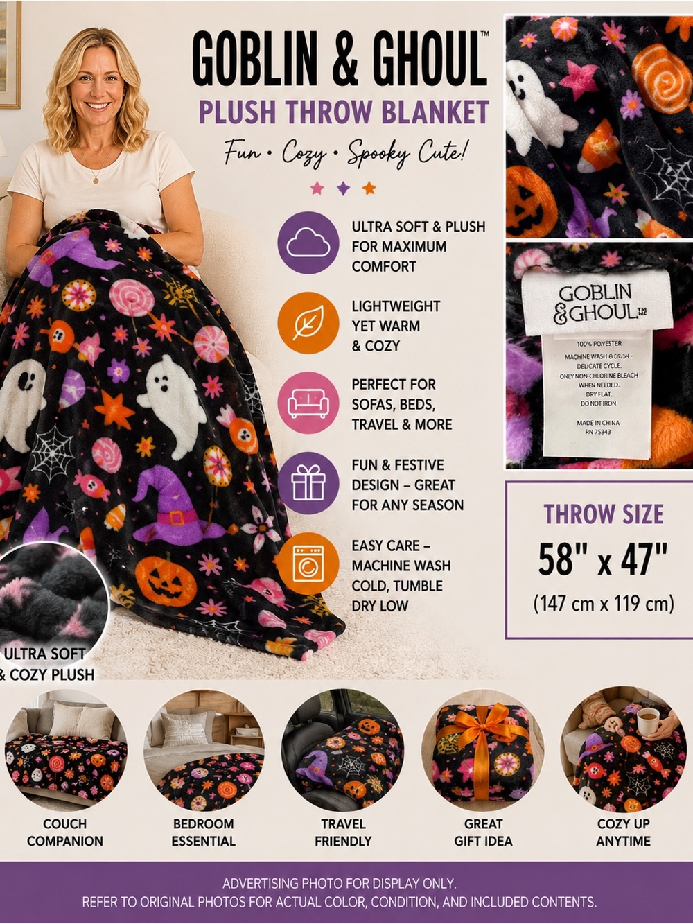 Goblin & Ghoul Plush Halloween Throw Blanket - Black & Purple